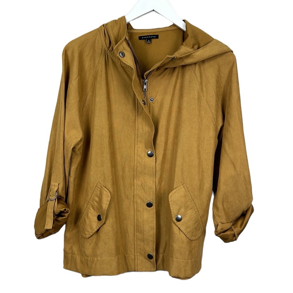 Staccato Mustard Full Zip Button Roll Tab Sleeve Hooded Jacket Size Medium